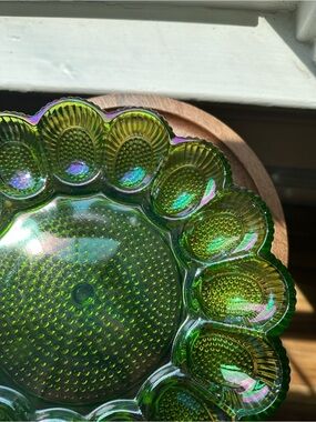 Indiana Glass Green Iridescent Hobnail Egg Serving Plate